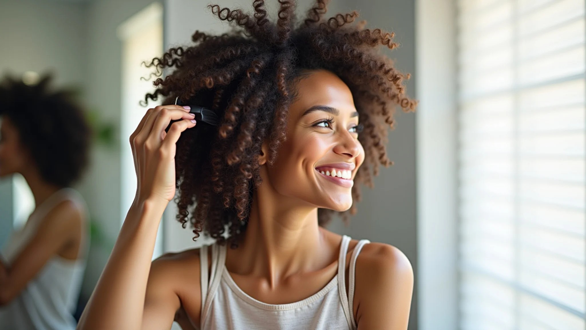 Mulher sorrindo com cabelo cacheado 3B aplicando creme para definir os cachos.