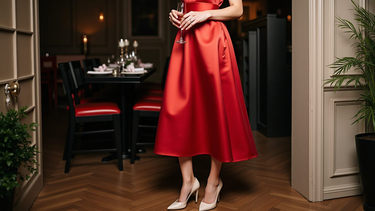 Mulher elegante com vestido midi vermelho de seda em festa de São Paulo.