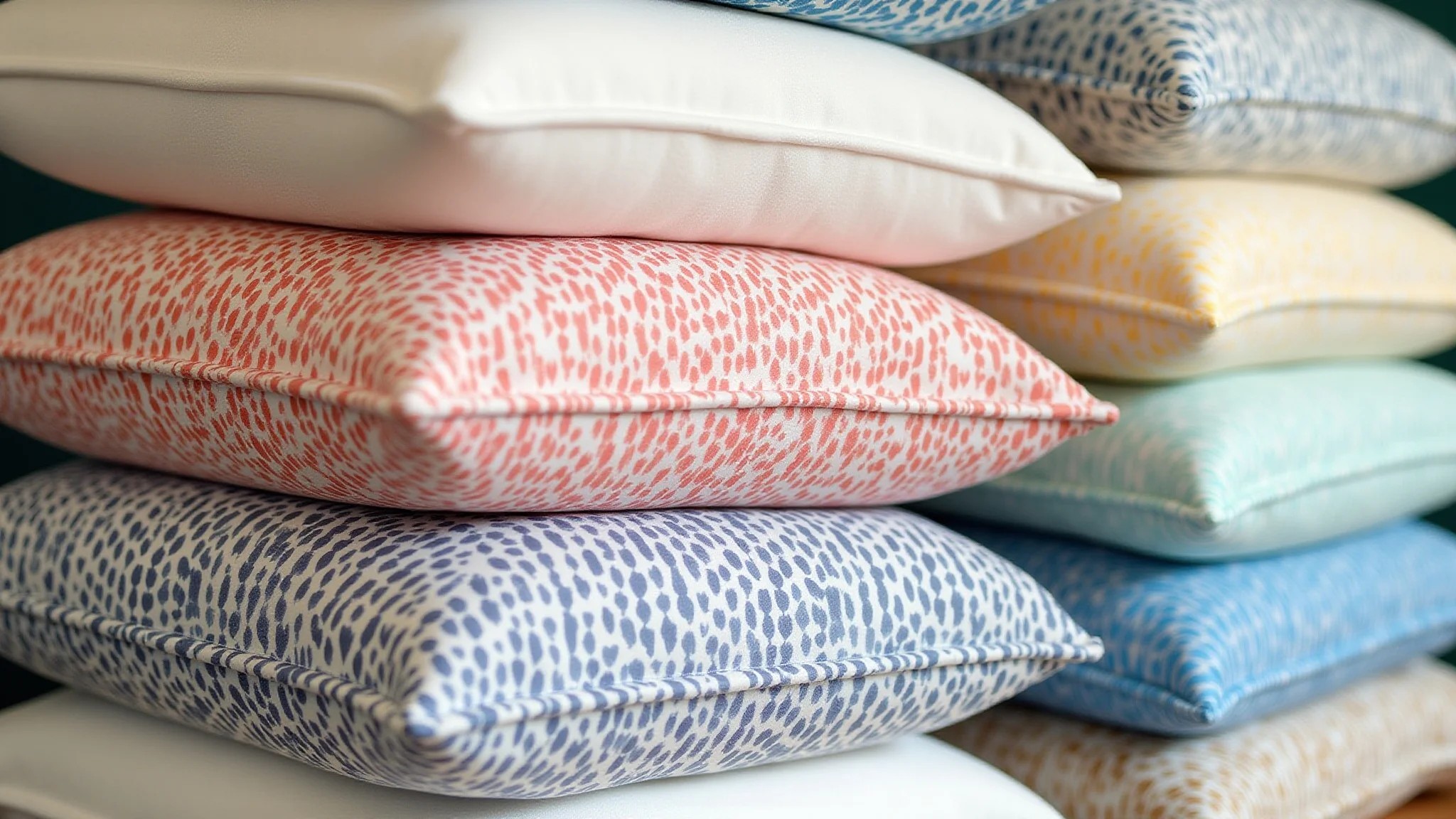Pilha de almofadas artesanais prontas, com diversas cores e estampas.
