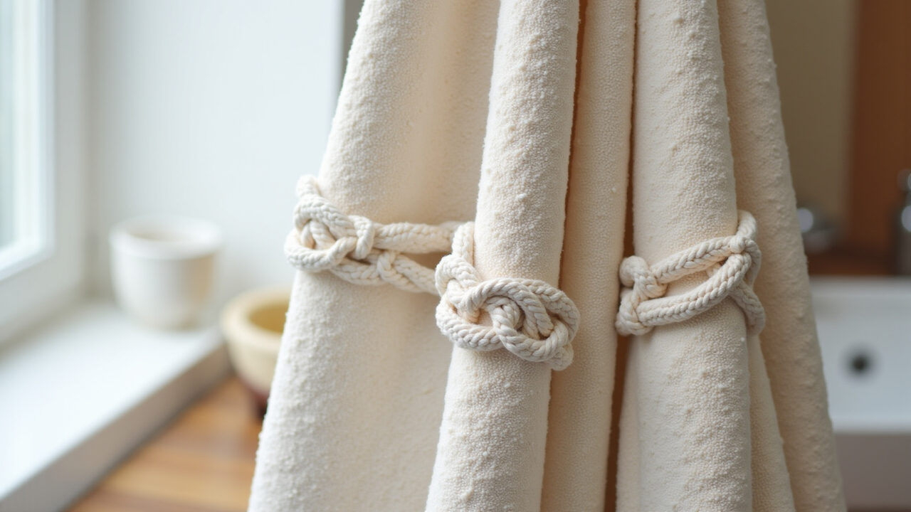 Commercial photography of a towel with macrame using different knots, textured design, natural Toalha com macramê utilizando diferentes tipos de nós.