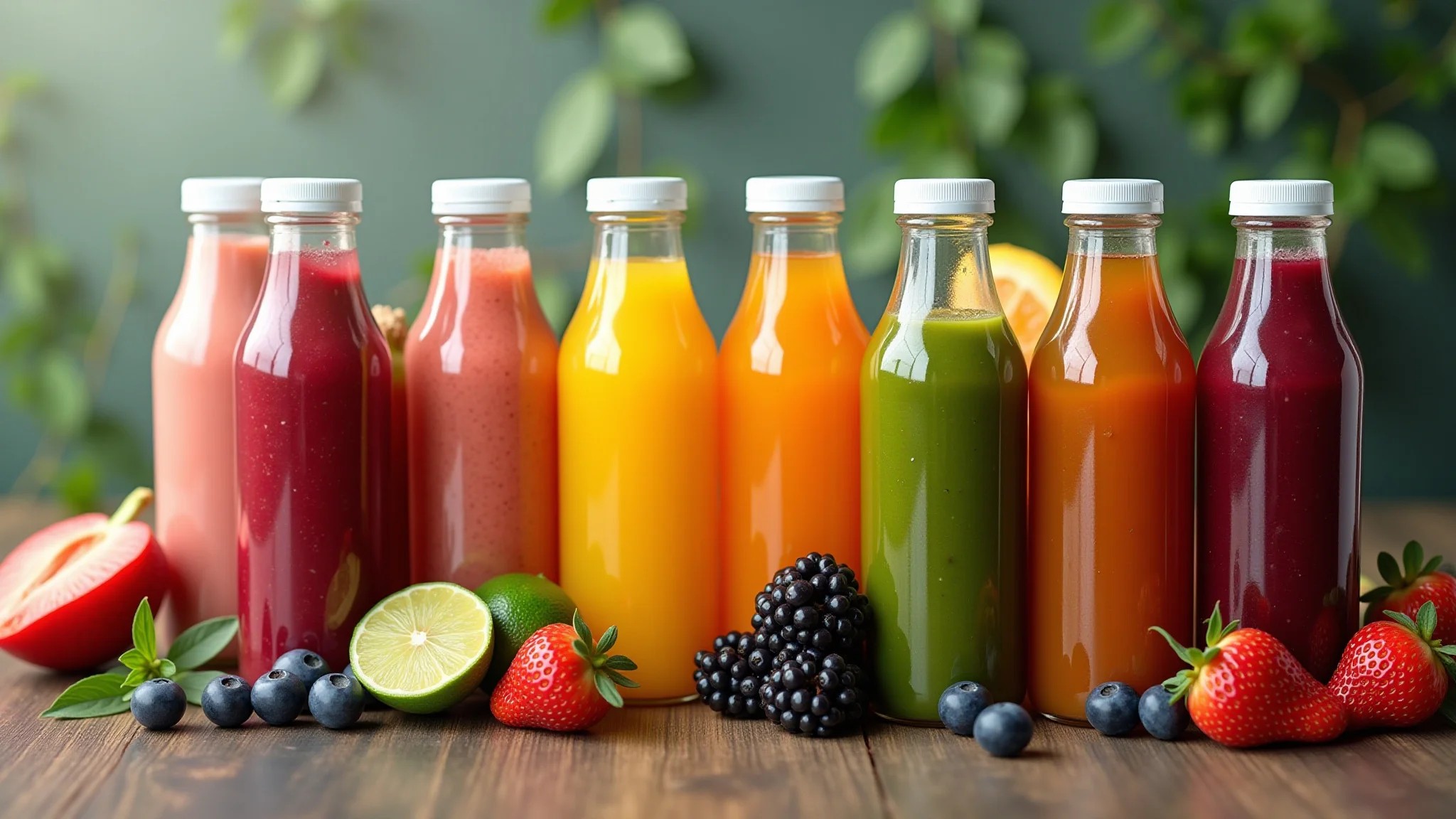 Variedade de sucos detox coloridos em garrafas de vidro, dispostos em superfície rústica de madeira.