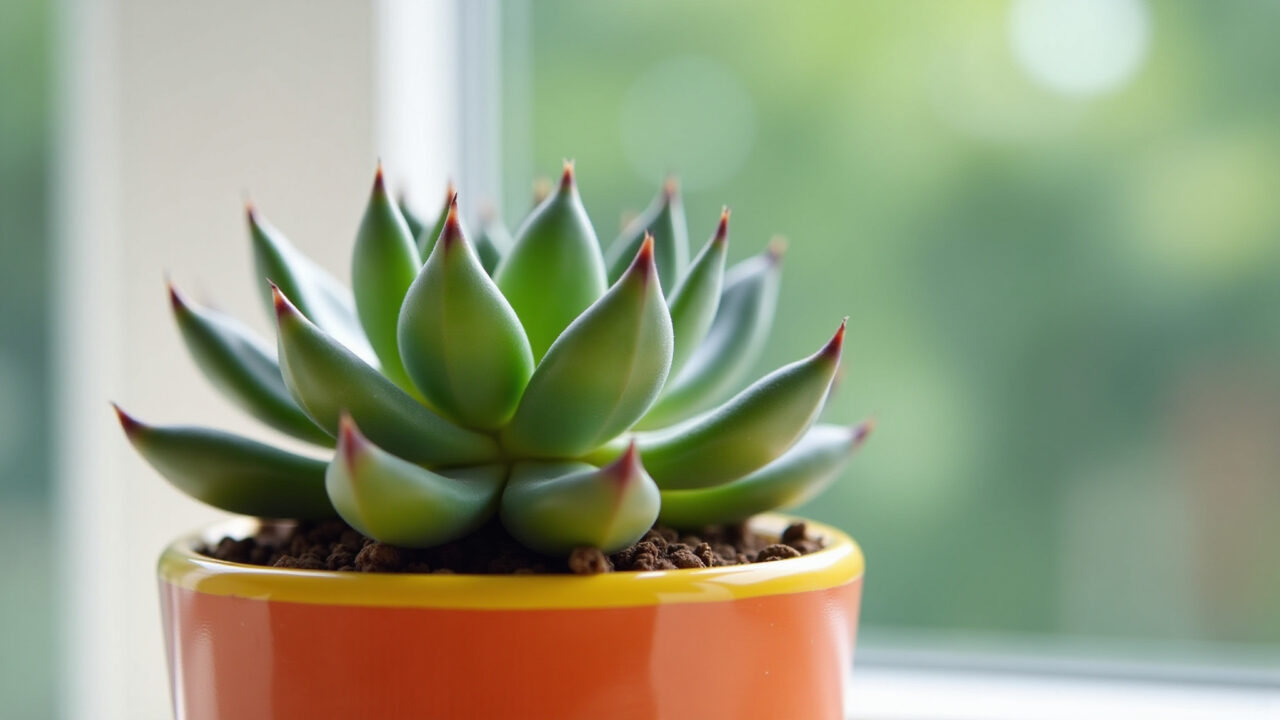 Planta suculenta vibrante em vaso colorido, estilo brasileiro.