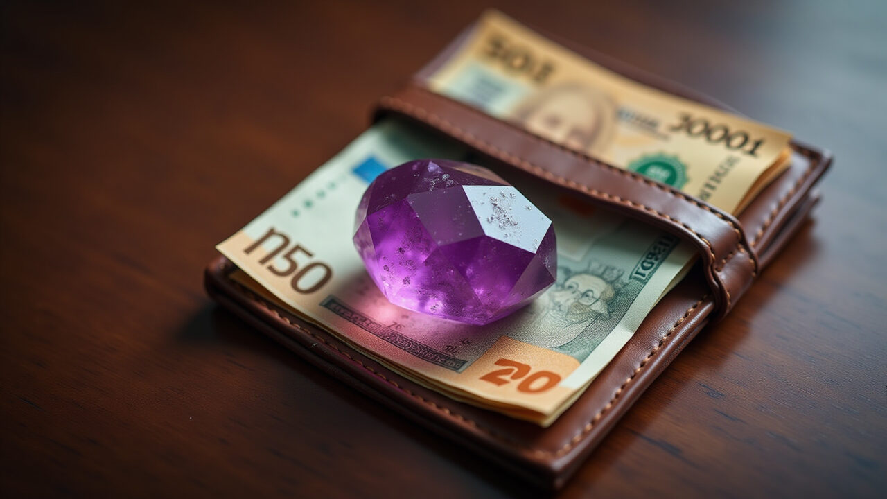 Commercial photography of a wallet with a purpurite crystal inside, attracting abundance, Carteira com cristal purpurita atraindo abundância e prosperidade.