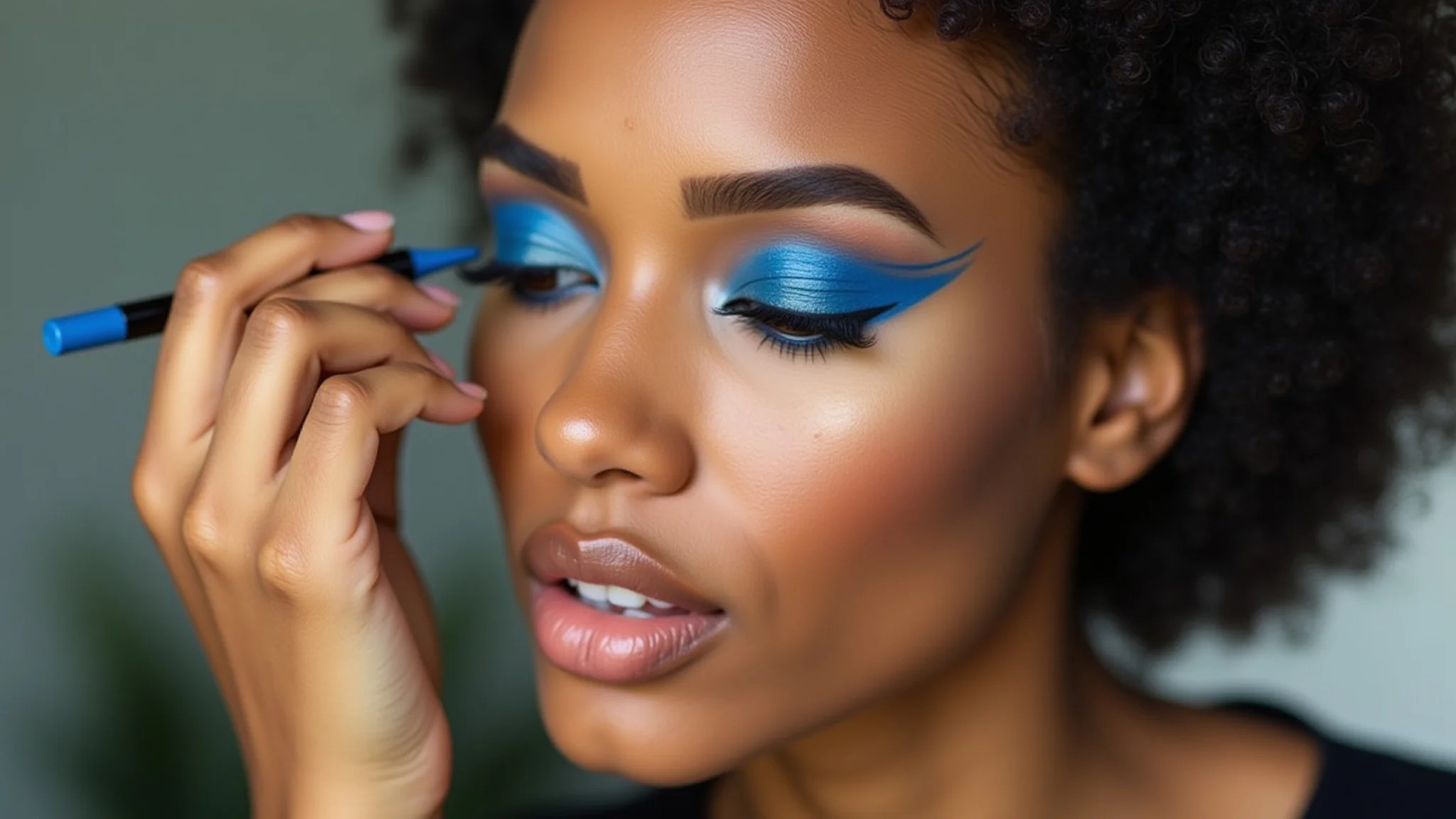 Mulher aplicando delineador azul, maquiagem com cores primárias.