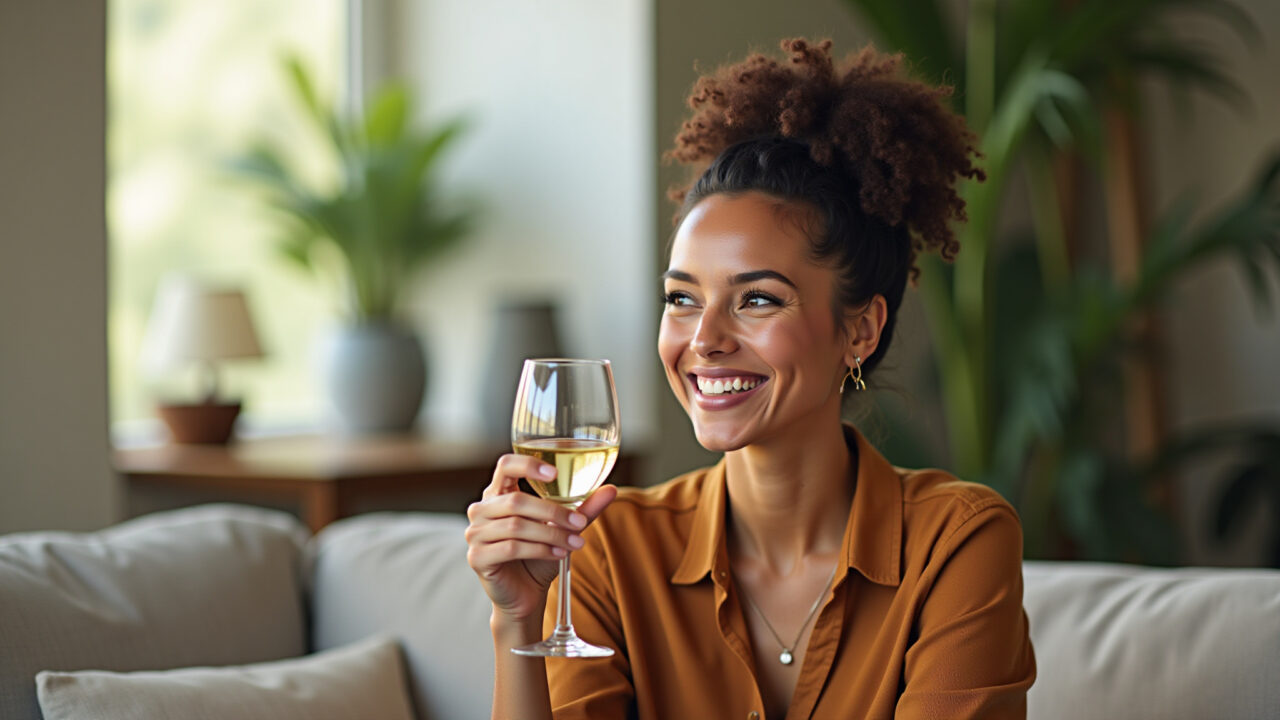 Commercial photography of a woman celebrating a small achievement with a glass of wine, Brazilian Mulher celebrando uma pequena vitória com uma taça de vinho.