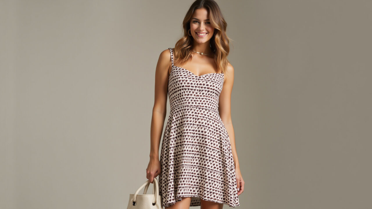 Mulher com vestido marsala estampado e acessórios neutros.