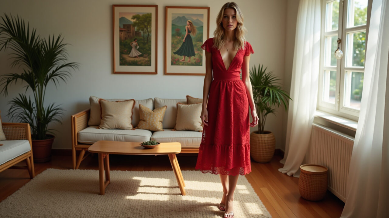 Mulher com vestido midi vermelho de renda em sala aconchegante.
