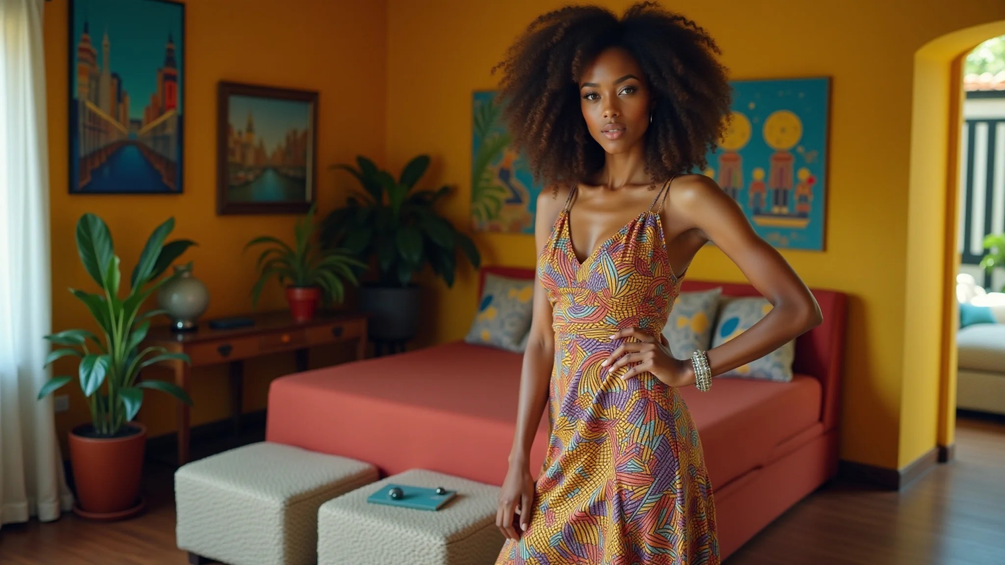 Mulher com vestido trapézio estampado em sala colorida com design brasileiro.