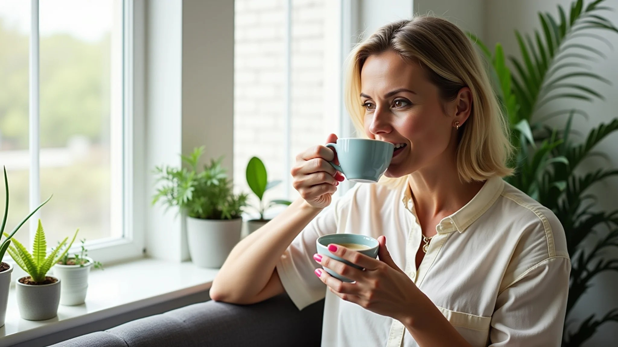 Mulher aproveitando uma xícara de café descafeinado em casa, iluminação natural.
