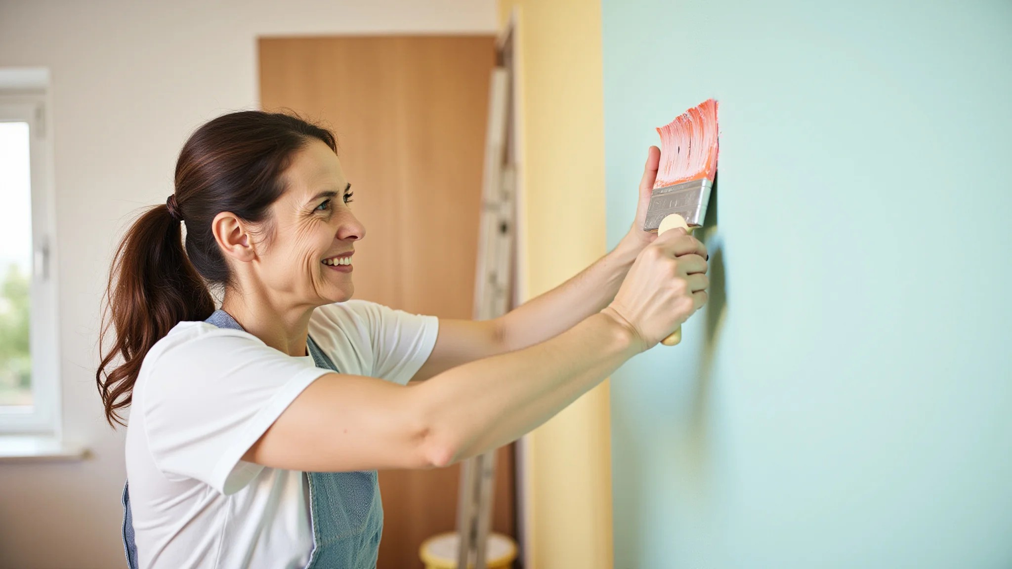 Mulher pintando parede com cor clara para aumentar a luminosidade.