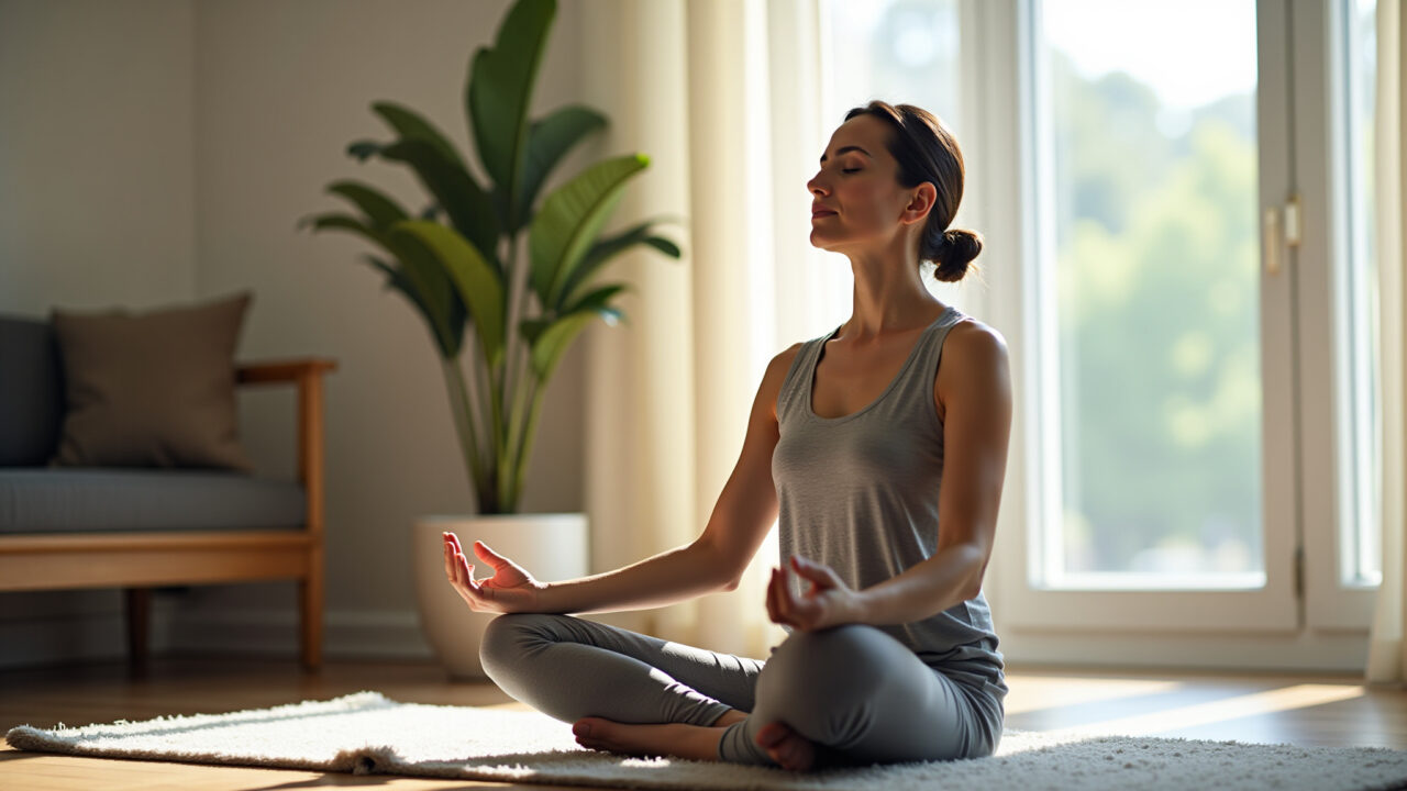 Commercial photography of a woman meditating, eyes closed, in a naturally lit room, representing Mulher meditando, conectada com seus ritmos biológicos.