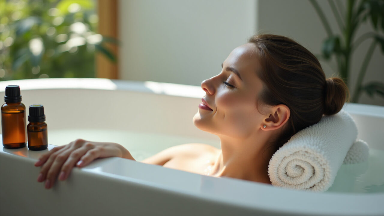 Commercial photography of a woman relaxing in a bathtub with essential oils, natural lighting, 8K Mulher relaxando em um banho com óleos essenciais.