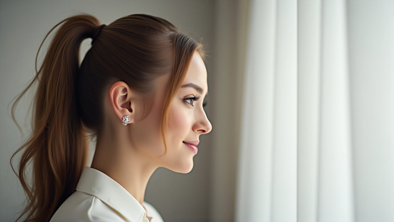 Commercial photography of a woman with a high and elegant ponytail, sleek hair, attending a Convidada de casamento com rabo de cavalo alto e elegante.