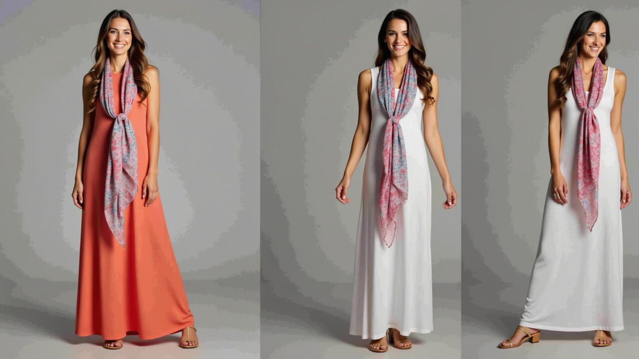 Commercial photography of a woman with a long cotton dress and a colorful scarf tied around her Mulher com vestido longo de algodão e lenço colorido no pescoço.
