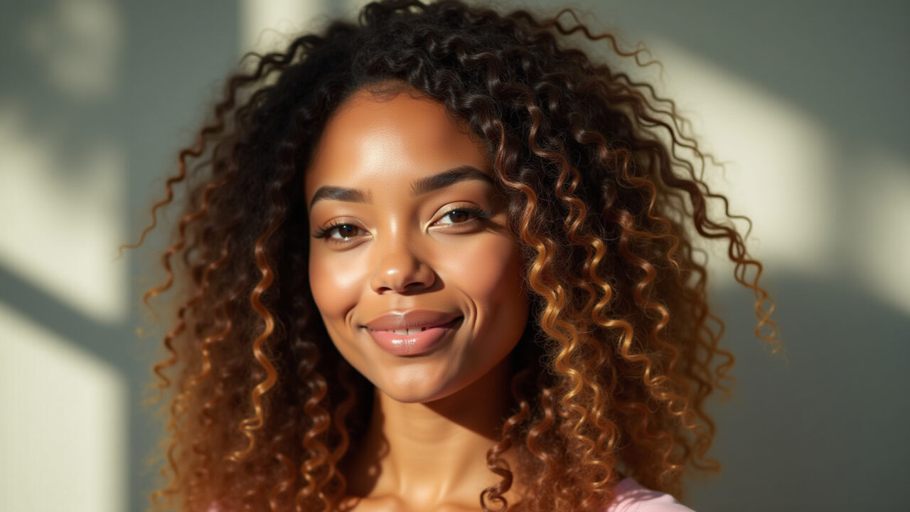 Commercial photography of a woman with curly ombre hair, highlighting natural beauty, natural Mulher com ombre hair em cabelos cacheados, valorizando a beleza natural.
