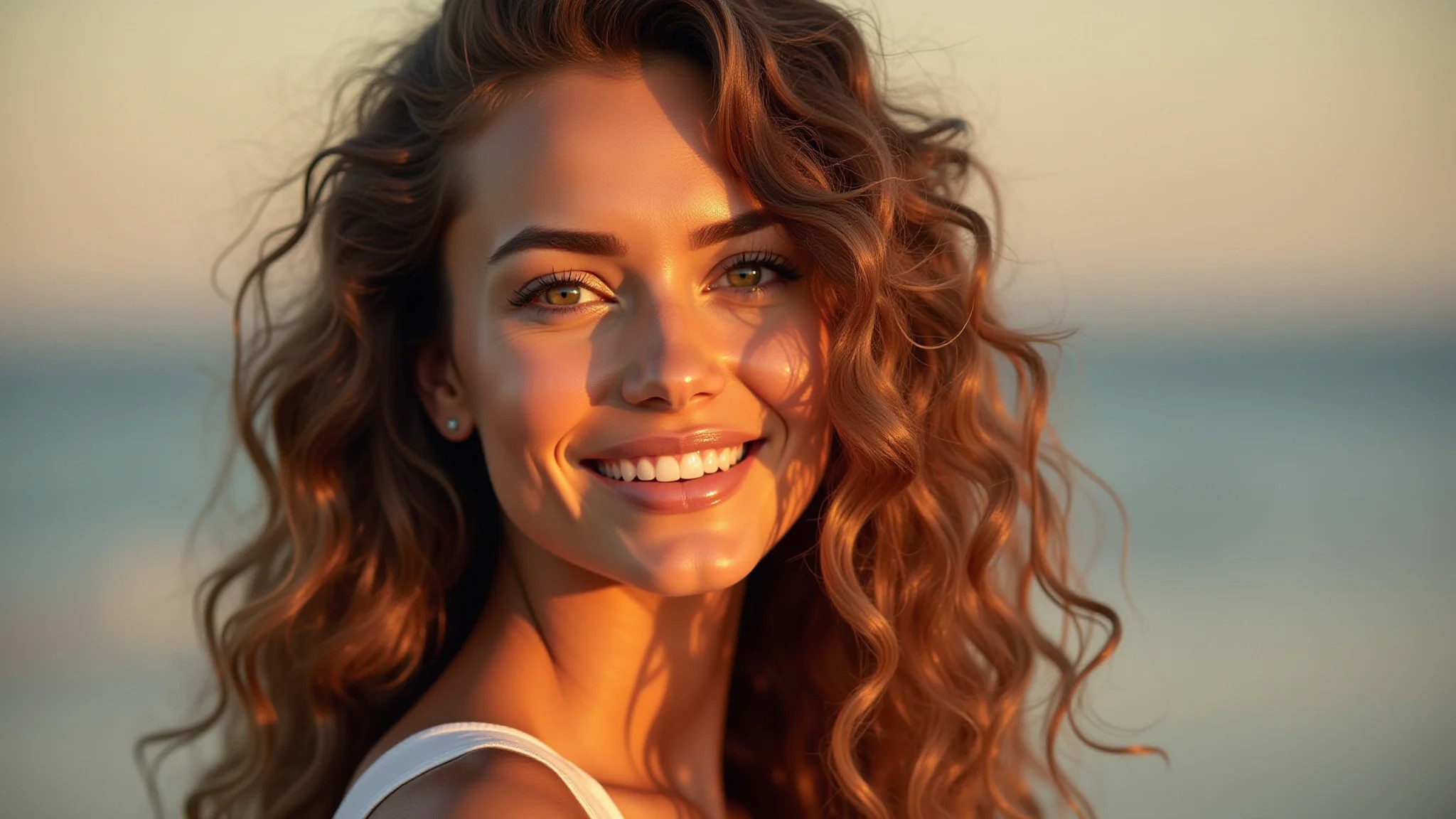 Mulher com cabelo fino estilizado em ondas soltas, usando spray texturizador.