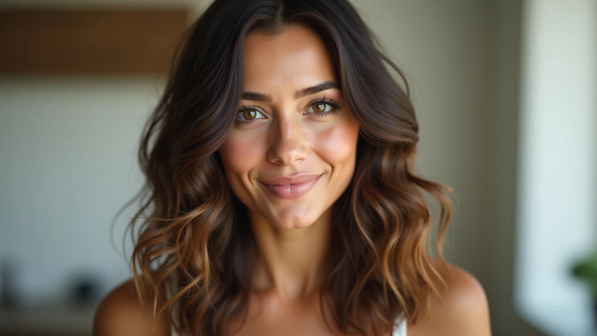 Mulher com cabelo ondulado de comprimento médio e camadas que emolduram o rosto, estilo brasileiro.