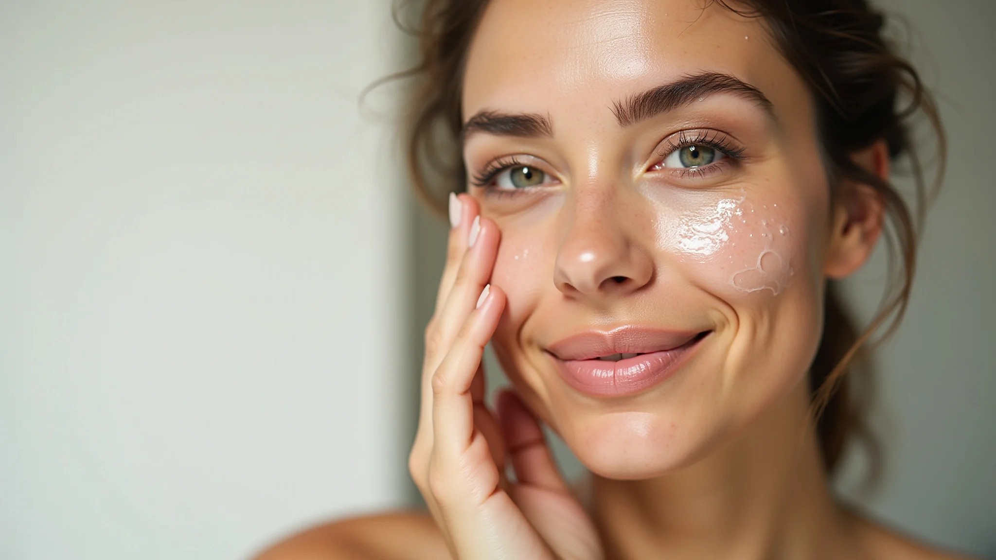Mulher com pele oleosa usando sérum facial, melhora visível na pele.