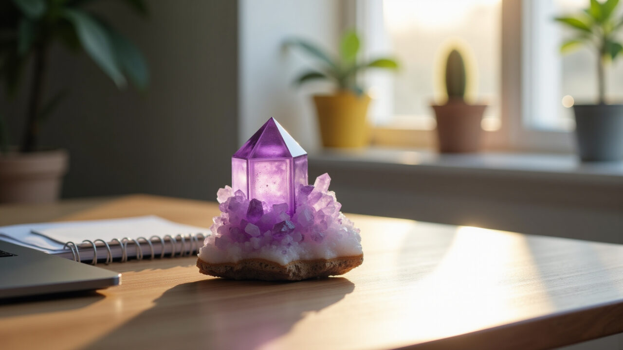 Commercial photography of a workspace with a purpurite crystal, promoting creativity and Espaço de trabalho com cristal purpurita para criatividade e inspiração.