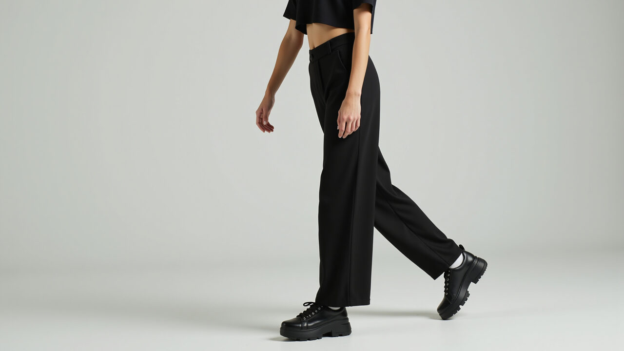 Commercial photography of a young woman in asymmetric wide-leg pants, crop top, platform sneakers, Look moderno com calça pantalona assimétrica, top cropped e tênis plataforma.