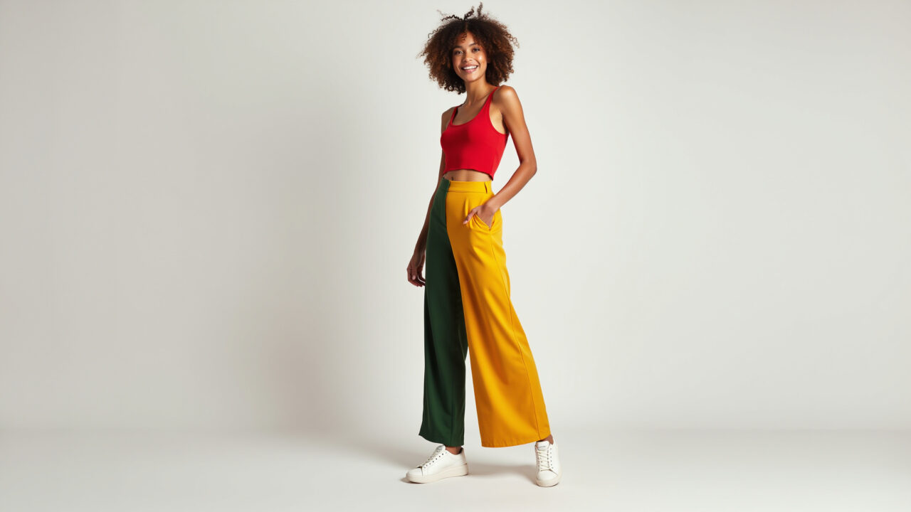 Commercial photography of a young woman in vibrant wide-leg pants, complementary color top, white Look colorido com calça pantalona vibrante, blusa de cor complementar e tênis branco.