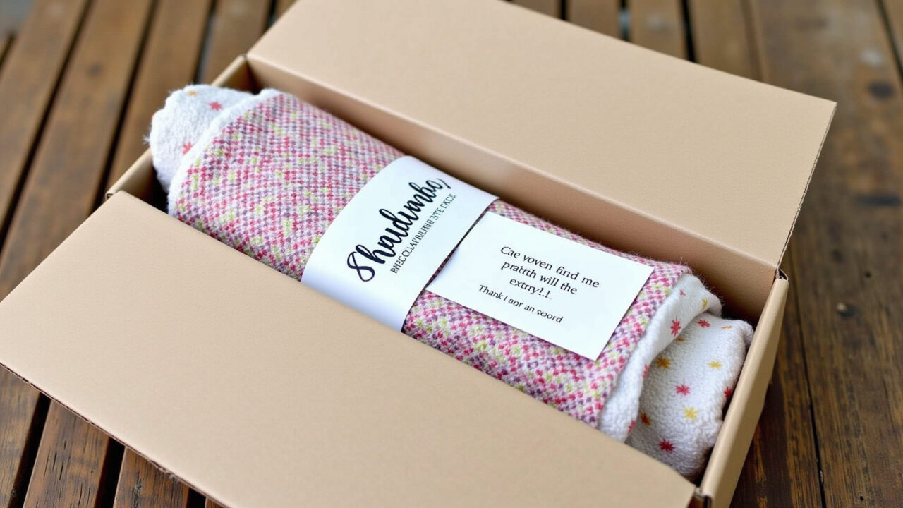 Commercial photography of creative and secure packaging for a handmade scarf, featuring recycled Embalagem criativa e segura para envio de cachecol artesanal pela Elo7.