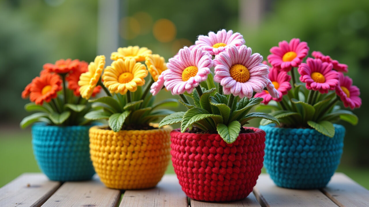 Commercial photography of crocheted daisy flower pot covers in a garden, colorful decor, Brazilian Cachepots de margaridas de crochê coloridos em um jardim.