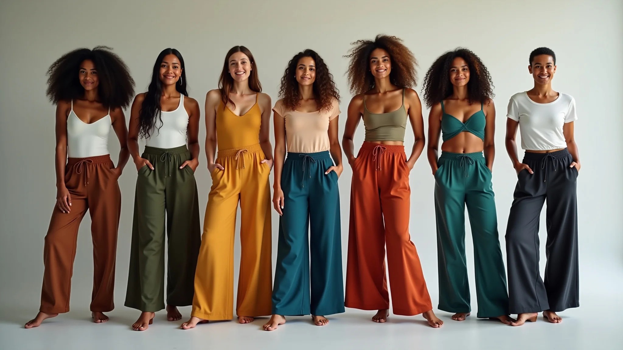 Mulheres brasileiras diversas usando calças pantalonas, diferentes tipos de corpos.
