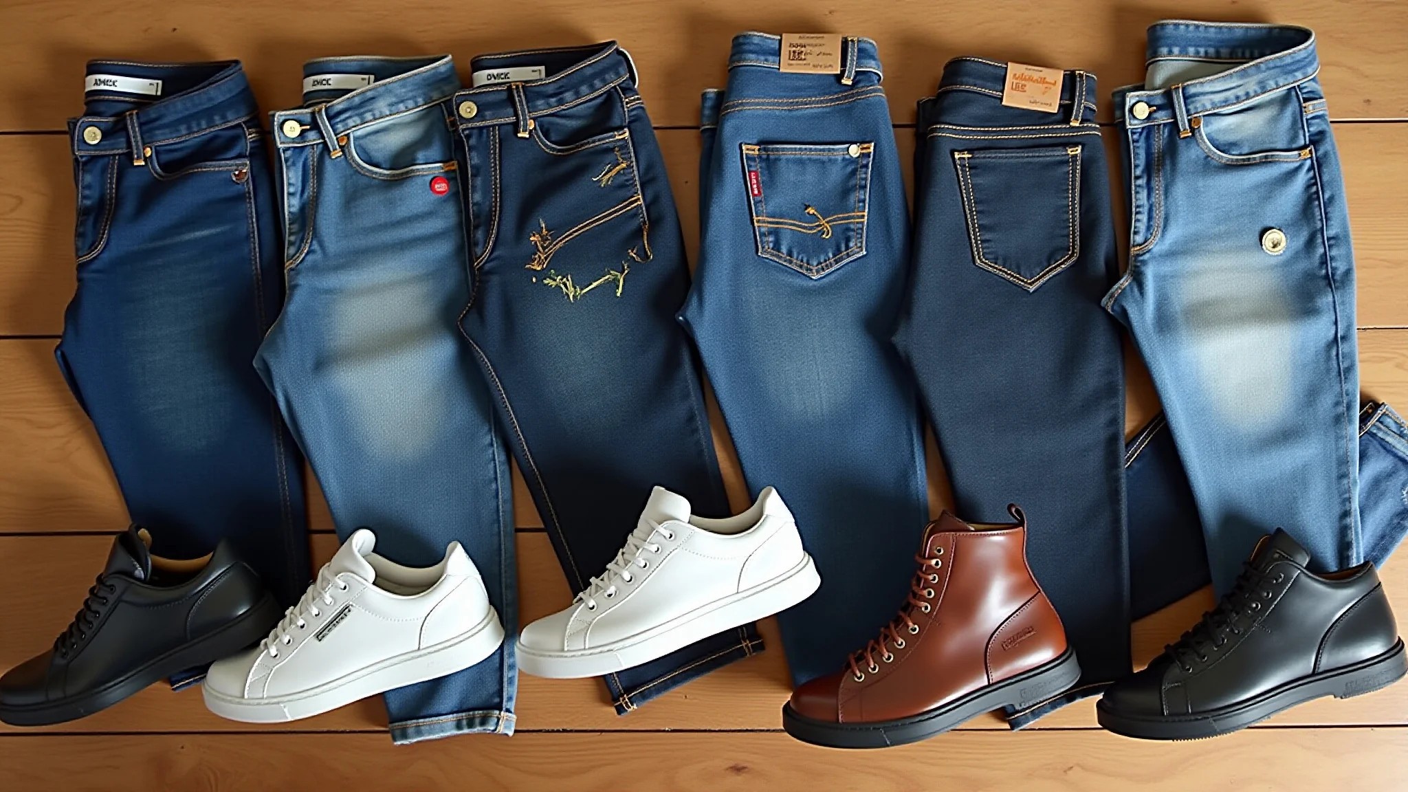 Combinações diversas de jeans e tênis exibidas em superfície de madeira com luz natural.