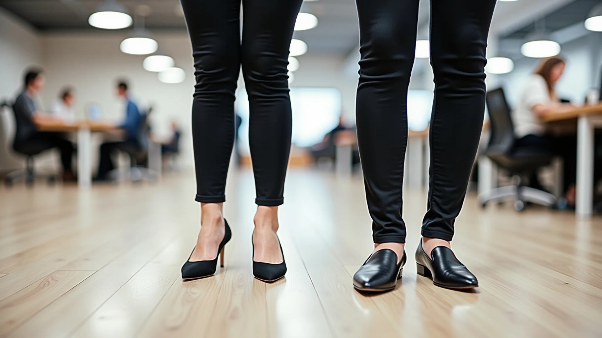 Mulheres diversas em espaço de co-working usando sapatos confortáveis e elegantes.