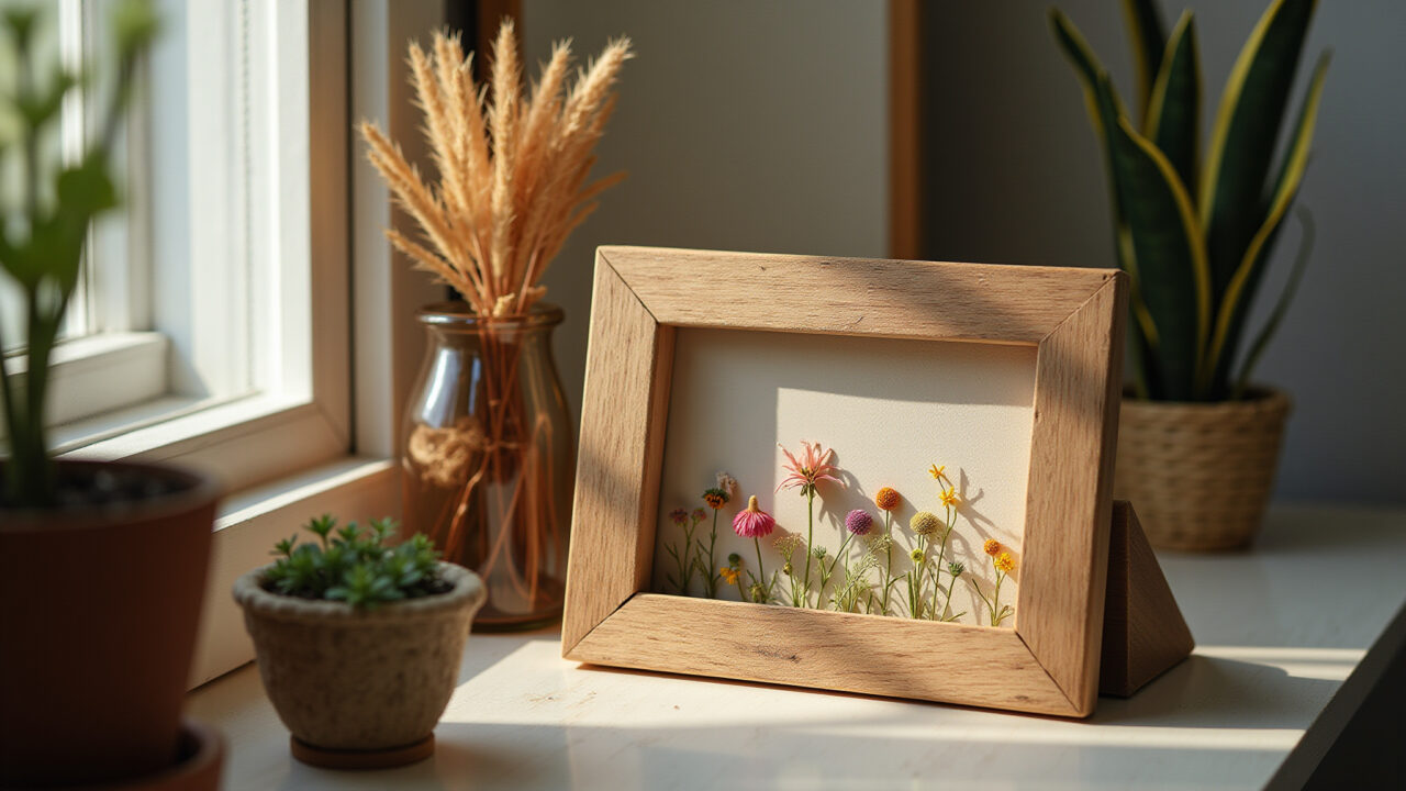Commercial photography of dried wildflowers glued to a picture frame, Brazilian craft, natural Quadro decorado com flores secas.