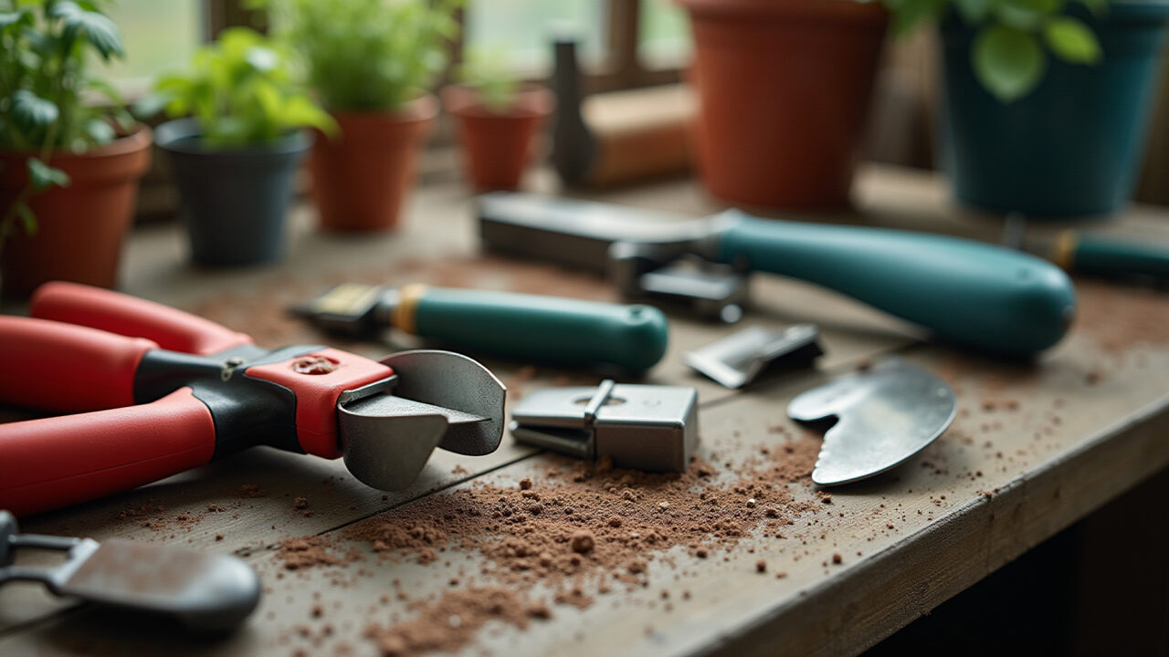 Commercial photography of gardening tools and accessories, arranged on a workbench, natural light, Ferramentas e acessórios para o hobby favorito do pai.