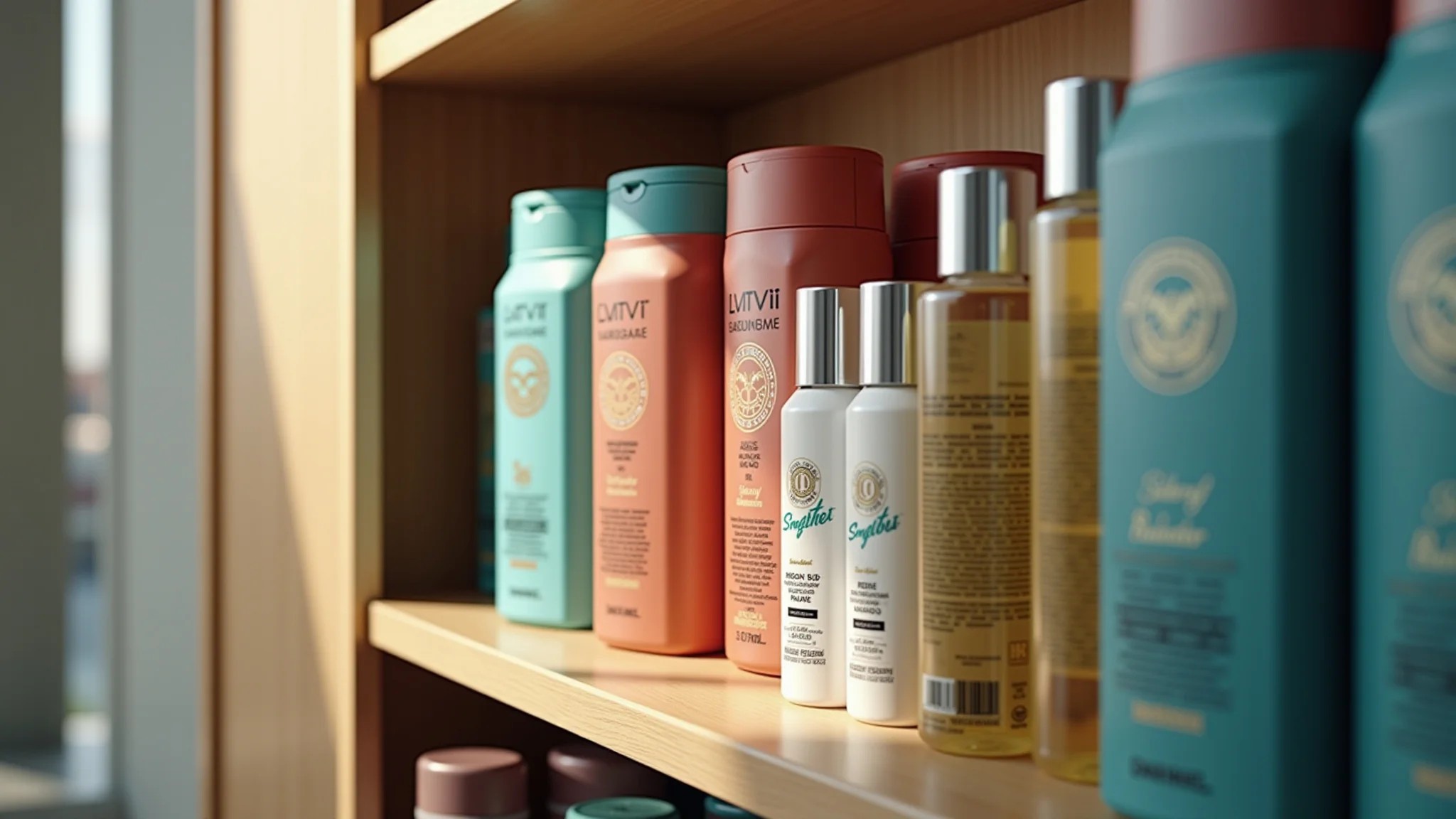 Produtos de cabelo (shampoo, condicionador, óleo) em uma prateleira.