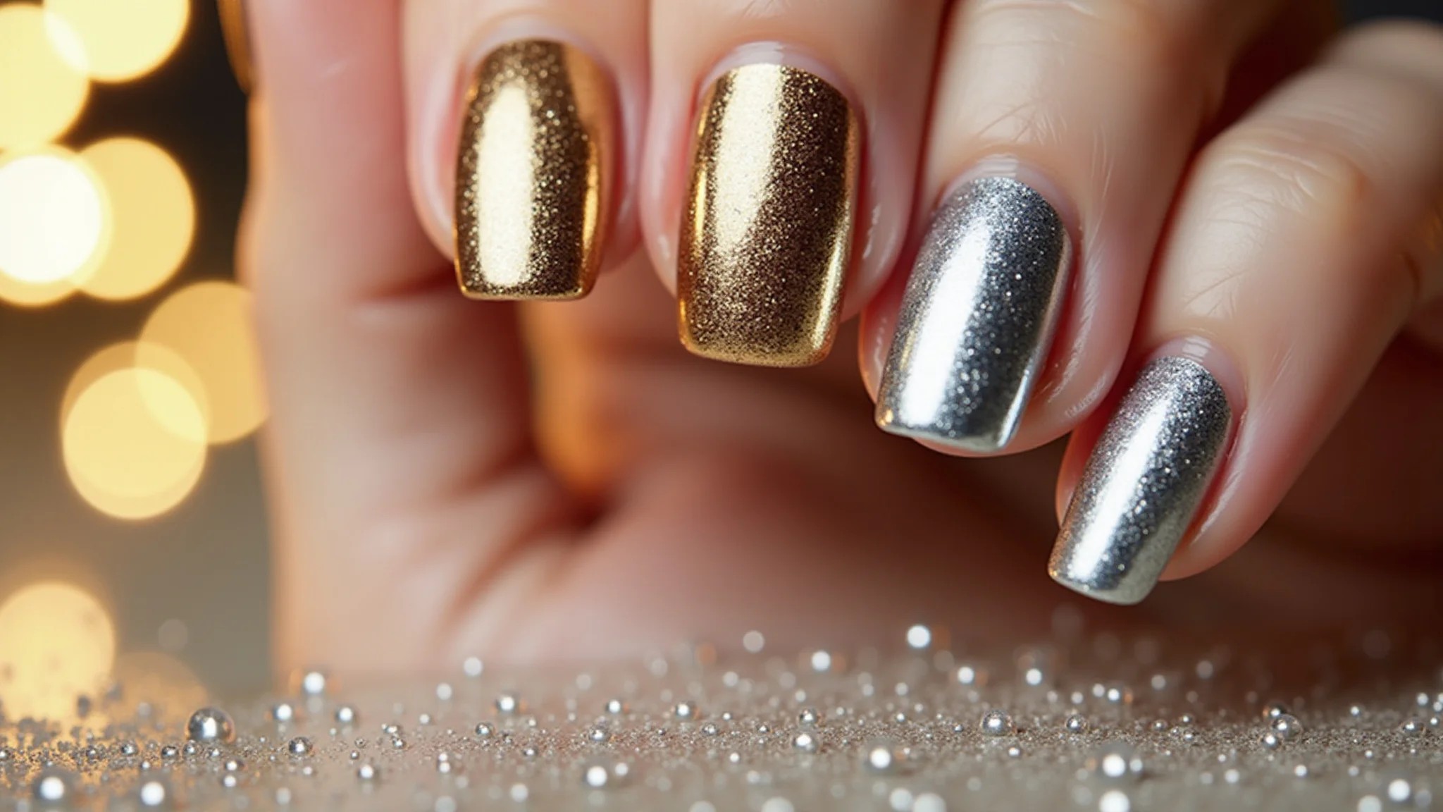 Coleção de esmaltes metálicos para o Ano Novo em dourado, prata e bronze.