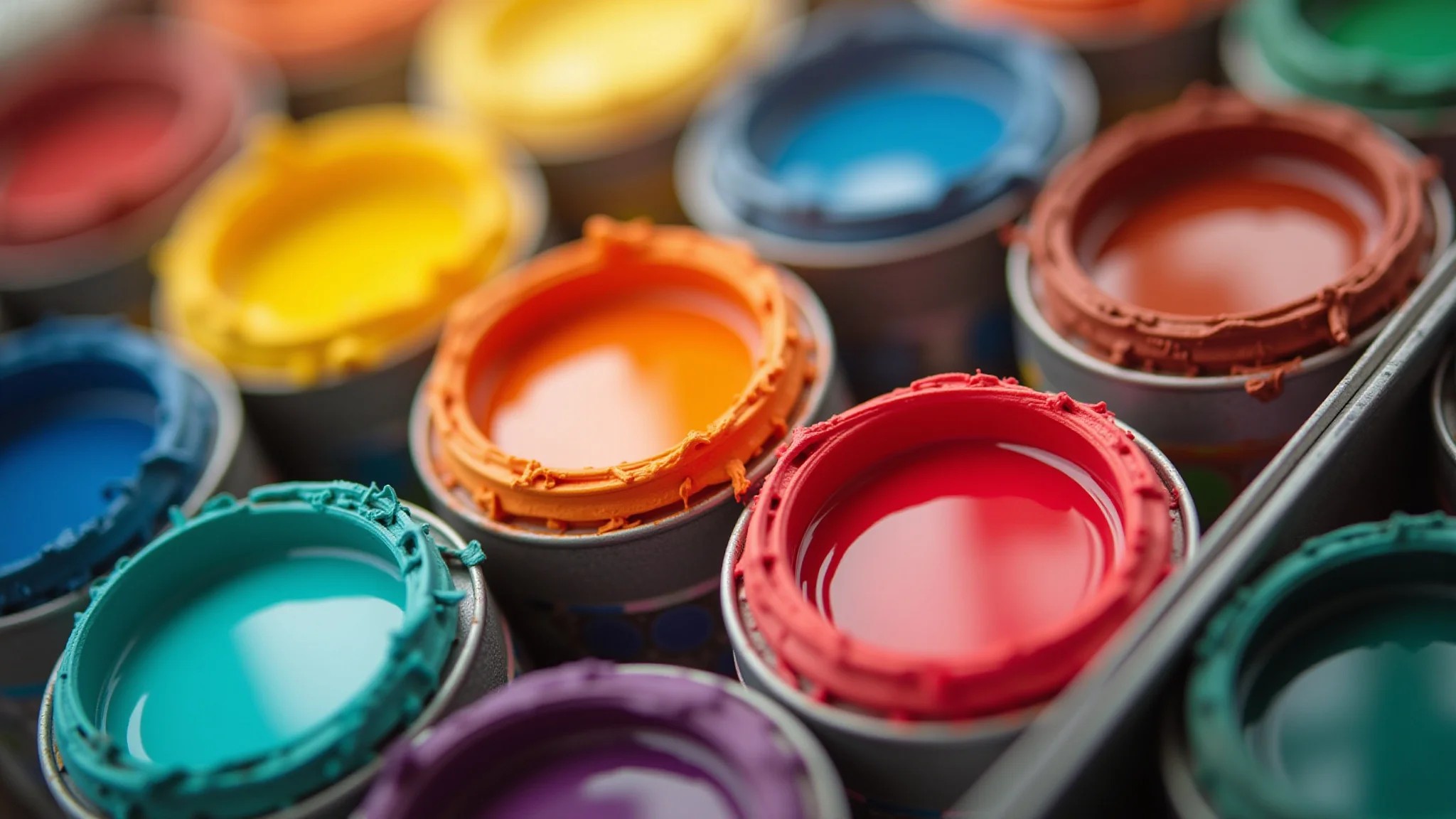 Tubos de tinta em cores primárias, secundárias e terciárias dispostos harmoniosamente.