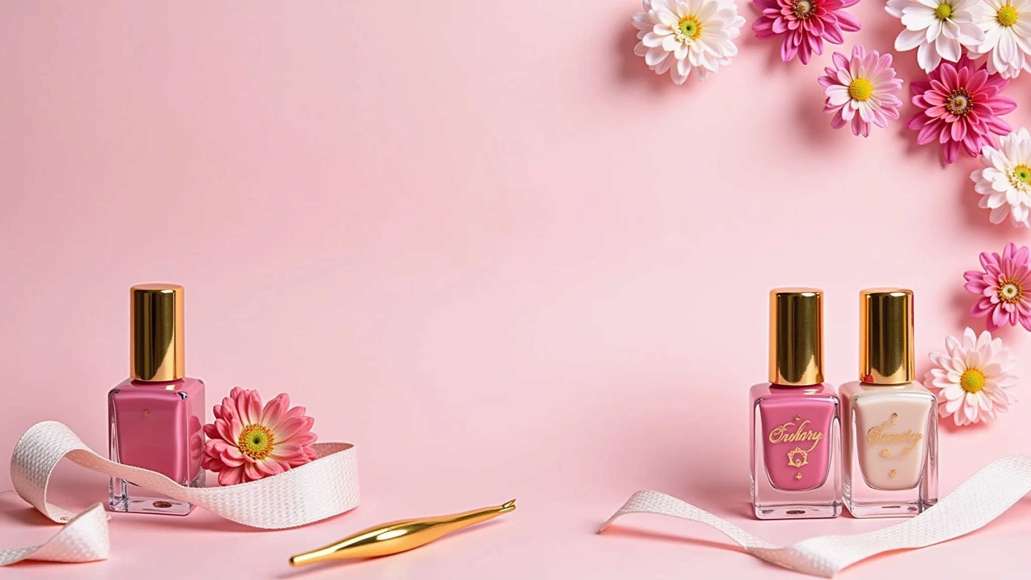 Esmaltes rosa e dourado, fitas e acessórios para manicure em fundo rosa.