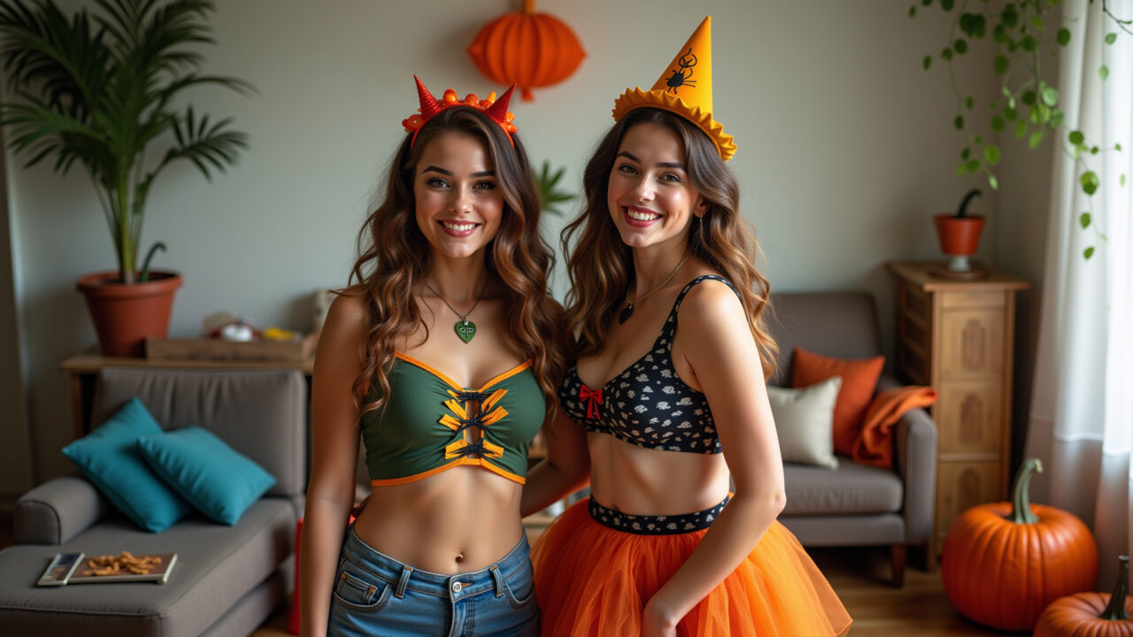 Duas amigas fantasiadas para o Halloween em sala de estar brasileira.