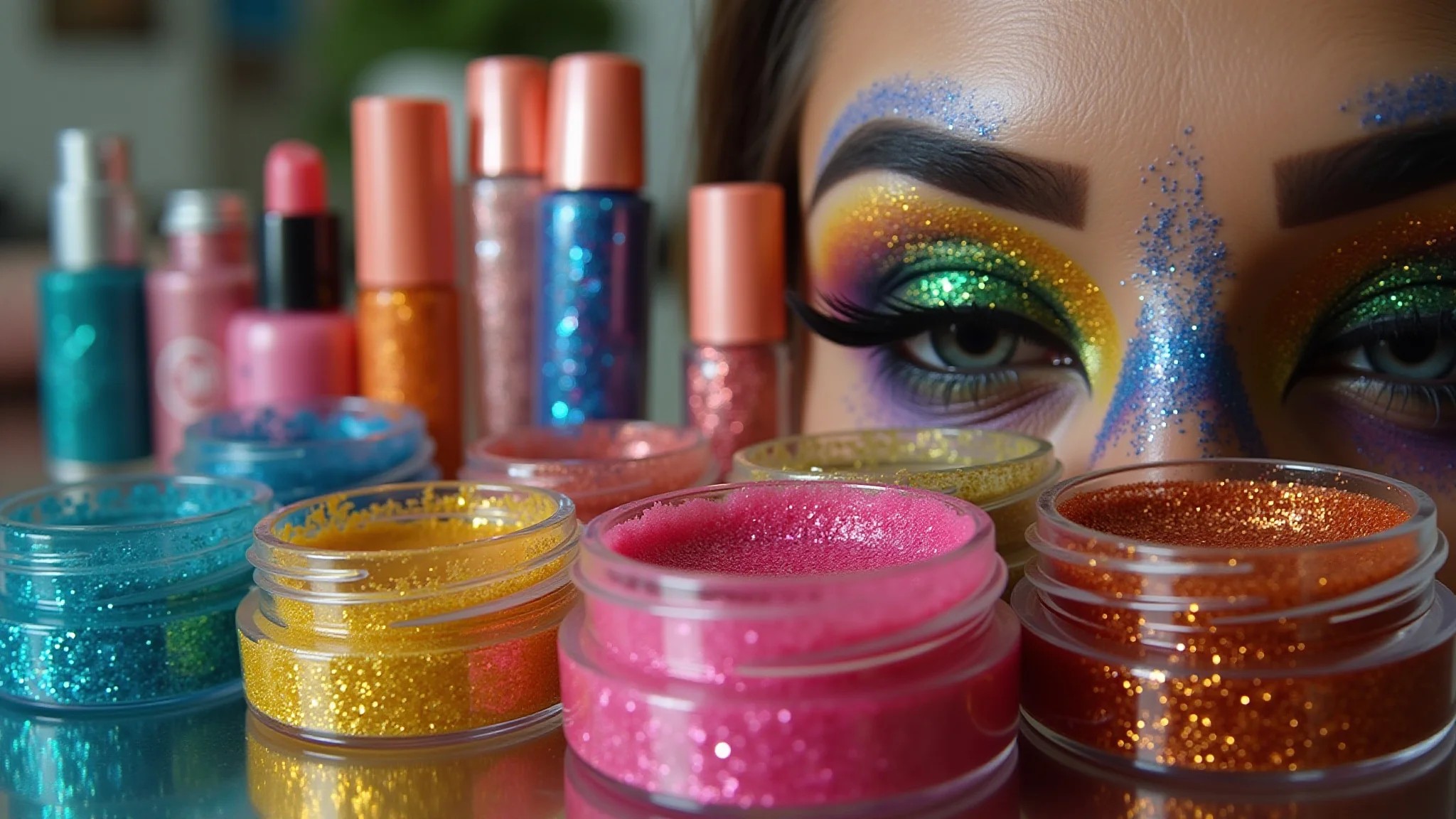 Produtos de maquiagem com glitter em cores vibrantes para o carnaval.