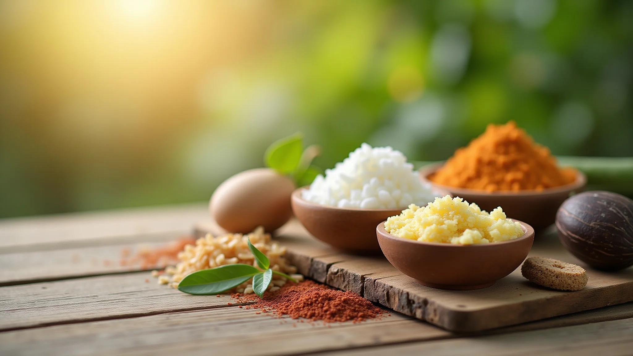 Ingredientes naturais para esfoliação facial caseira dispostos em mesa de madeira.