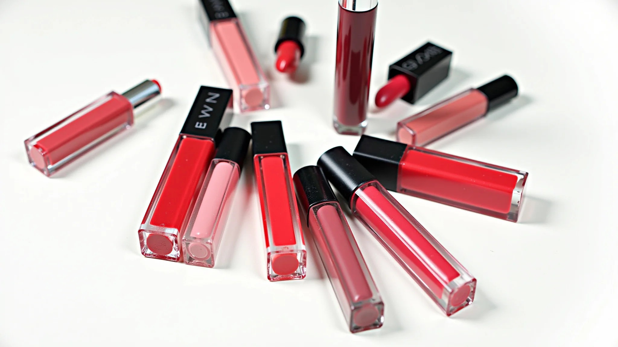 Diversas tonalidades e marcas de batom vermelho em fundo branco.