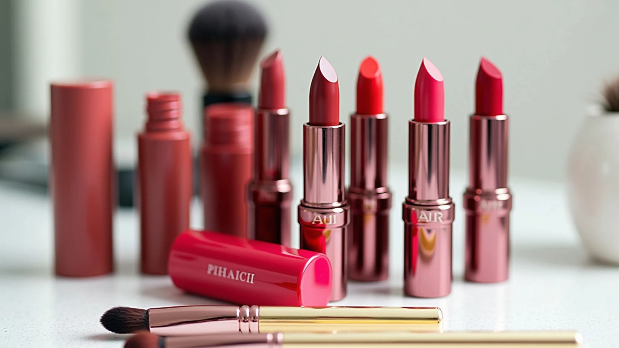 Vários tons de batom vermelho exibidos em uma mesa com pincéis de maquiagem.