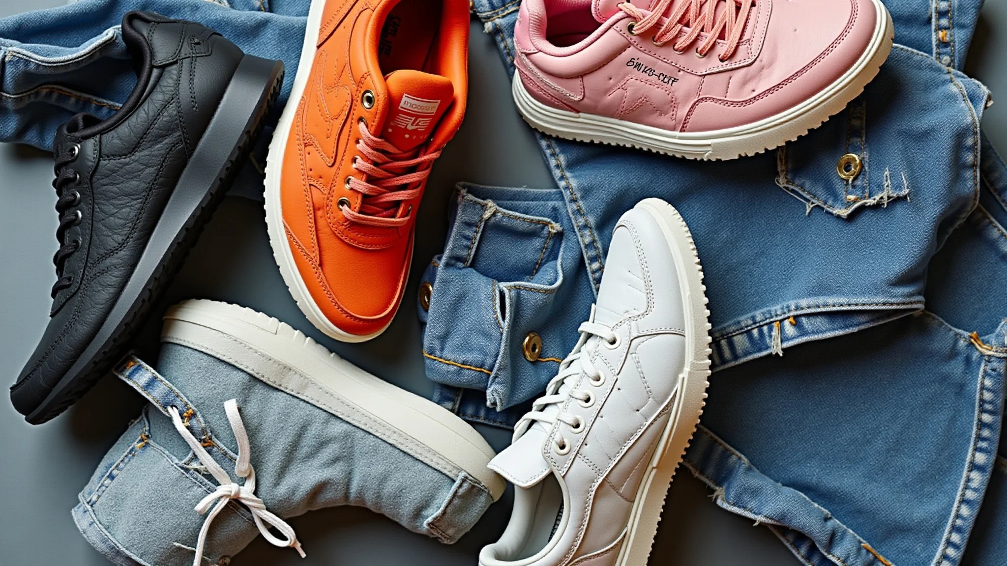 Vários estilos de tênis e jeans arranjados criativamente, estilo revista de moda brasileira.