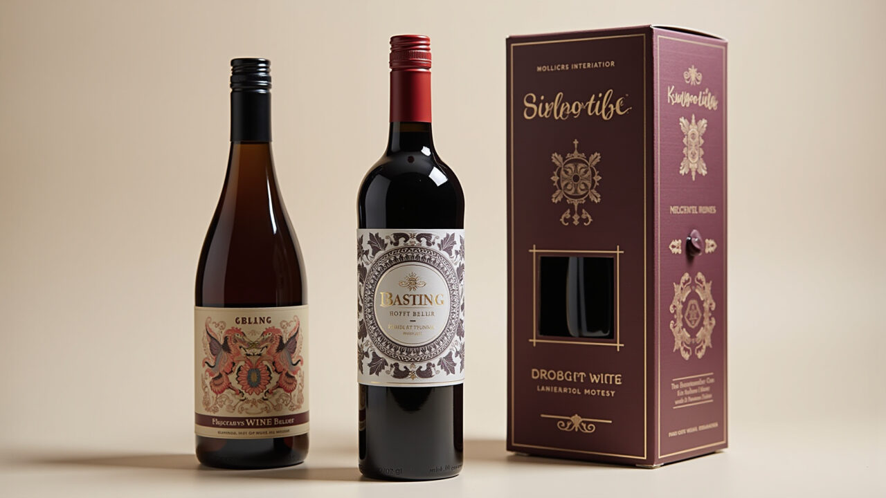 Commercial photography of wine and craft beer subscription box, elegant packaging, studio shot, Assinatura de clube de vinhos e cervejas artesanais.