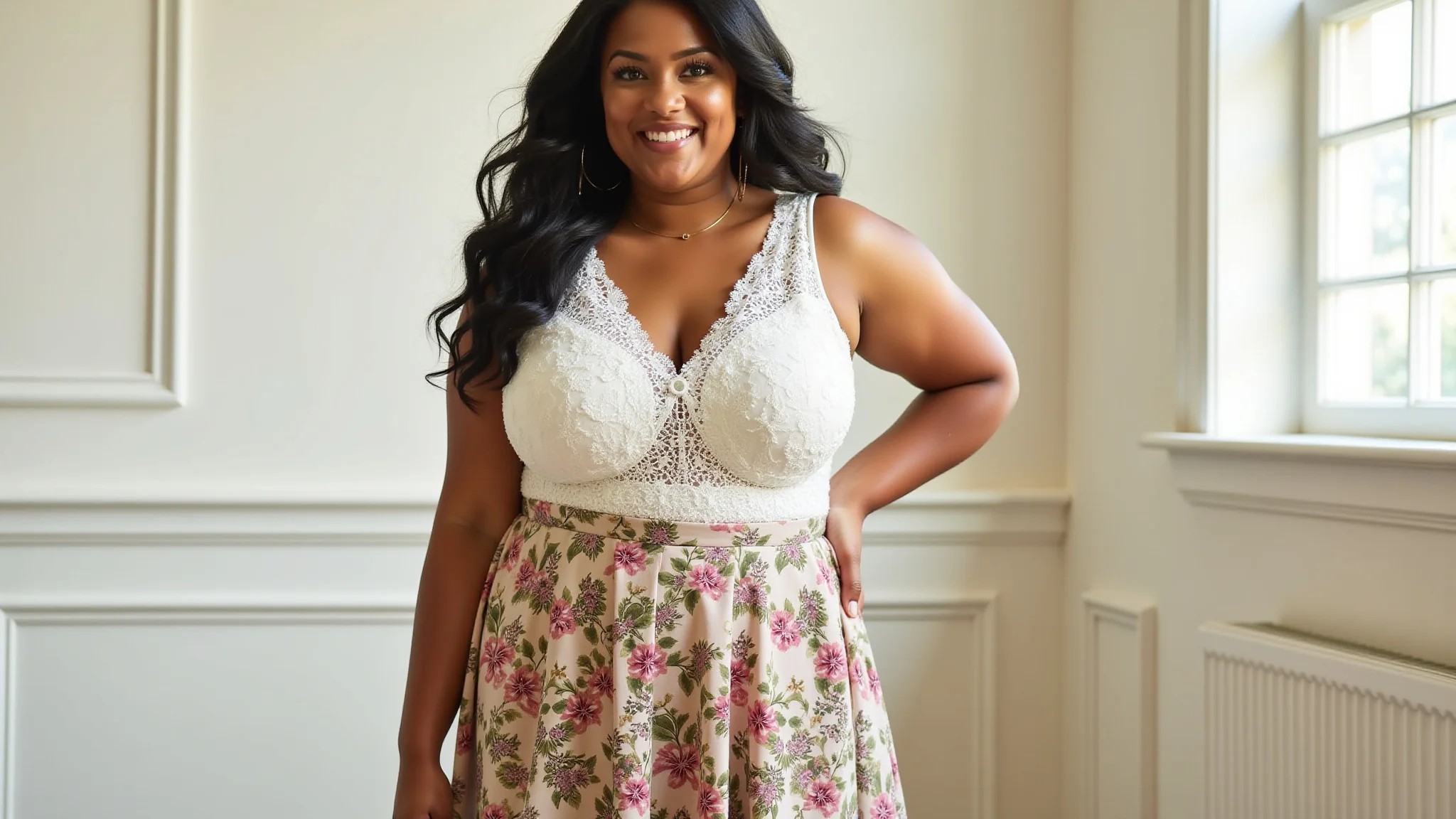 Mulher plus size com body de renda branco e saia midi floral em ambiente vibrante.