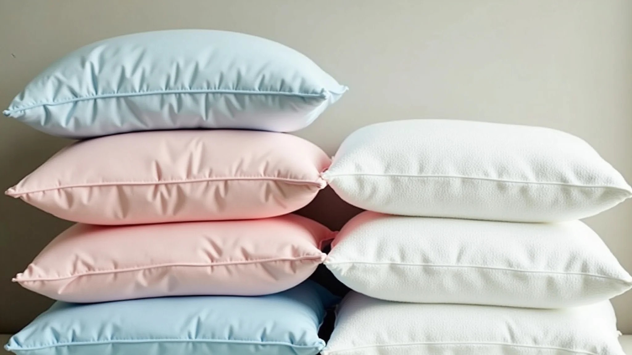 Travesseiros de diferentes materiais organizados com detergente para roupa.
