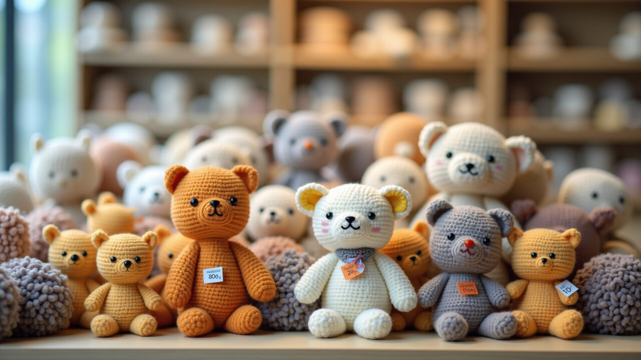 Commercial photography, small amigurumis, miniature designs, organized display, price tags, natural Pequenos amigurumis em exposição.