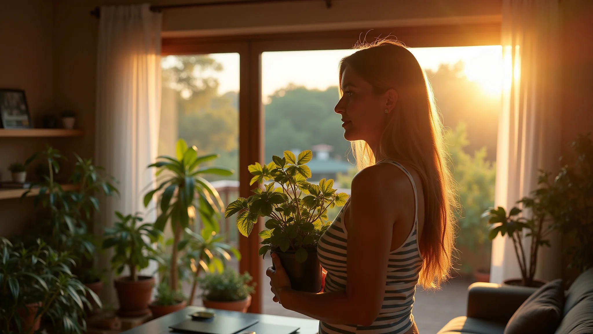 Mulher cuidando de plantas em sala de estar aconchegante com decoração brasileira.