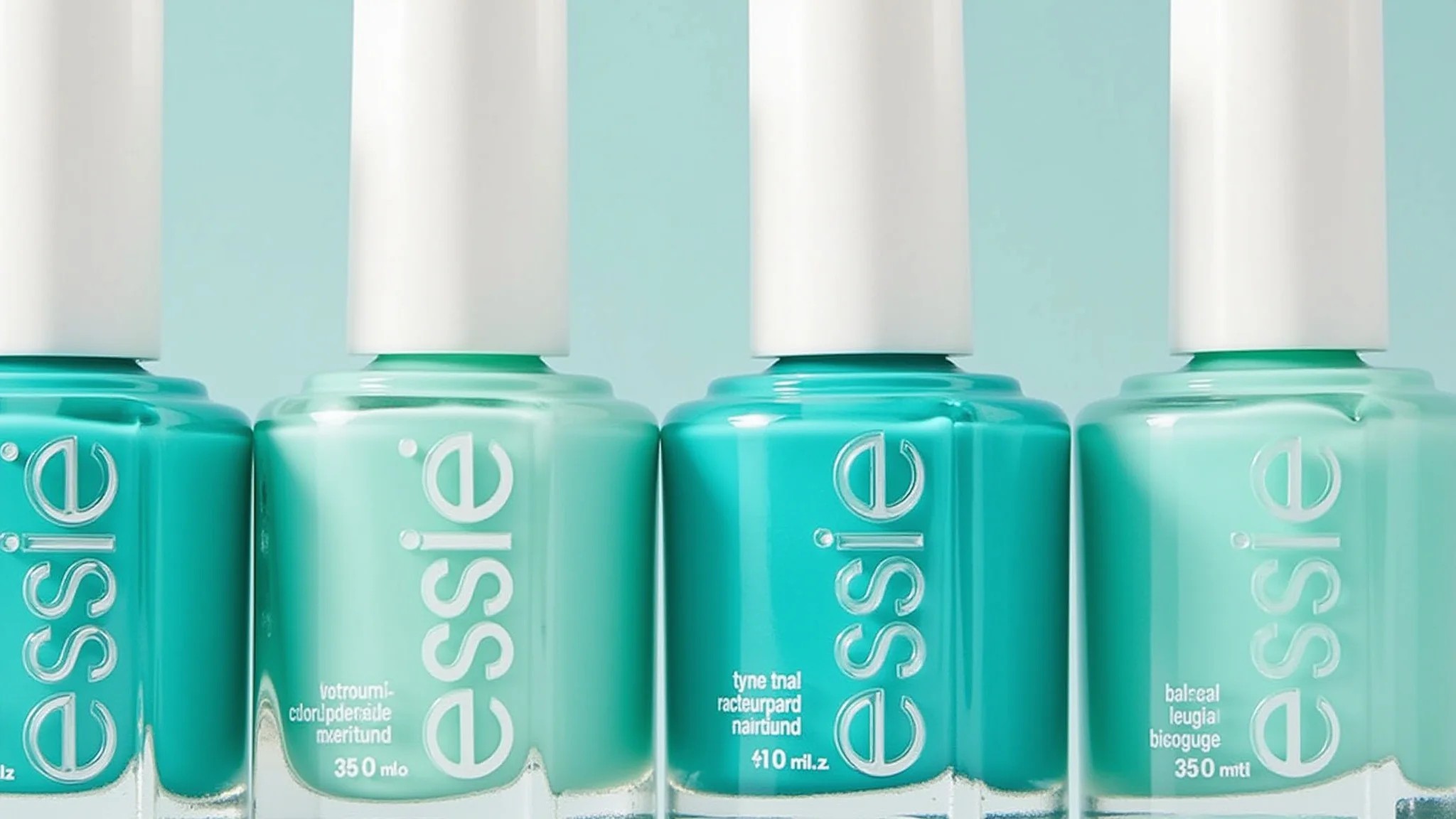 Diversas tonalidades de esmalte azul turquesa em frascos.