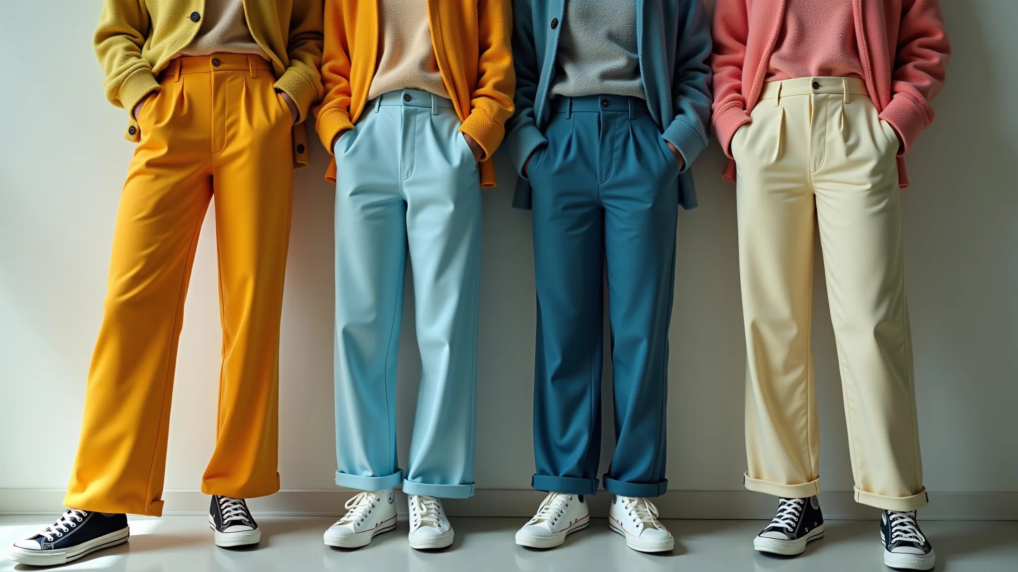 Combinações de calça pantalona e tênis para diferentes estações do ano.
