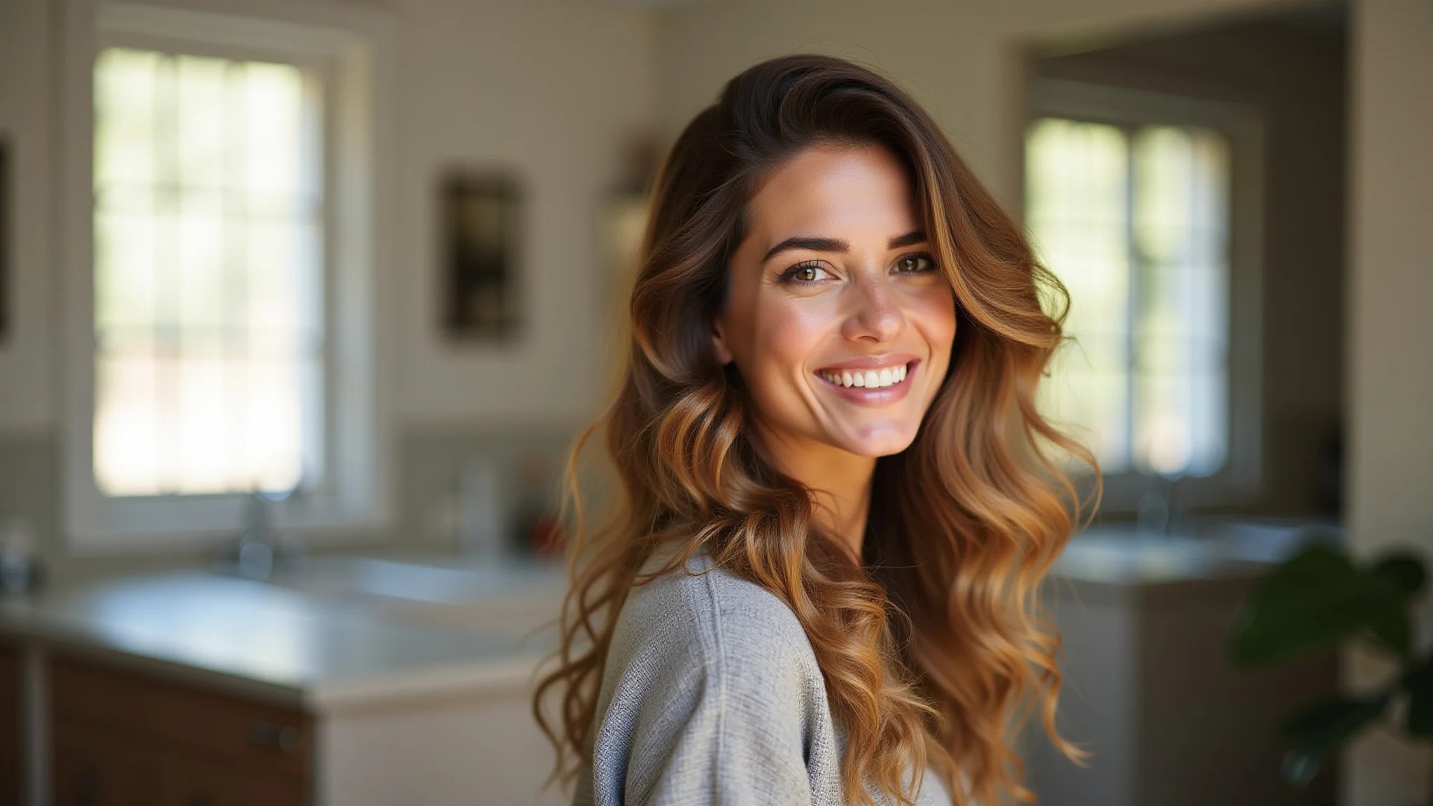 Mulher sorrindo com cabelo castanho iluminado por mechas loiro mel.